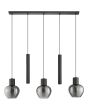 Brilliant Ligari zwarte hanglamp van 123 cm lang met drie bolvormige rookglazen kapen en twee cilindervormige buizen met GU10 spot