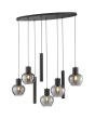 Brandende Brilliant Ligari zwarte hanglamp van 126 cm lang met ovale plafondplaat, vijf bolvormige rookglazen kapen en drie cilindervormige buizen met GU10 spot