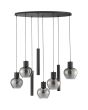 Brilliant Ligari zwarte hanglamp van 126 cm lang met ovale plafondplaat, vijf bolvormige rookglazen kapen en drie cilindervormige buizen met GU10 spot