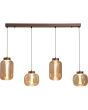 Brandende Searchlight Lille hanglamp met koffiebruine plafondbalk van 105cm met vier pendels met ronde en ovale amberkleurige ribbel glazen kappen