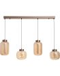Searchlight Lille hanglamp met koffiebruine plafondbalk van 105cm met vier pendels met ronde en ovale amberkleurige ribbel glazen kappen