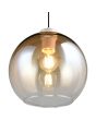 Onderaanzicht kap van de Reality Liora warm grijze hanglamp met katrolsysteem in de plafondkap en amber glazen kap met een diameter van 25cm