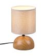 Trio Luci R50351035 brandend tafellampje met houtkleurige bolvormige lampvoet van keramiek en beige cilindervormig kapje van textiel
