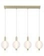 Brandende Searchlight Luminique mat messing hanglamp van 81cm in lengte met vier pendels met een kap van bolvormig mat geribbeld glas