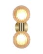 Searchlight Luminsphere 30507GO brandende goudkleurige wandlamp voor de badkamer met twee champagne kleurig bolvormig geribbeld glazen kapjes