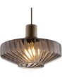 glazen kap van de koffiebruine hanglamp met een plafondplaat van 45 cm in diameter en drie pendels met elk een geribbeld glazen kap met een diameter van 28 cm