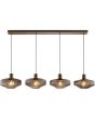brandende koffiebruine hanglamp met een langwerpige plafondplaat van 110 cm en vier pendels met elk een geribbeld glazen kap met een diameter van 28 cm