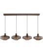 koffiebruine hanglamp met een langwerpige plafondplaat van 110 cm en vier pendels met elk een geribbeld glazen kap met een diameter van 28 cm