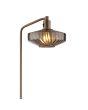 kap van de koffiebruine vloerlamp van 150 cm hoog en geribbeld glazen kap met een diameter van 30 cm en kiepschakelaar op de kop