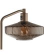 schakelaar van de koffiebruine vloerlamp van 150 cm hoog en geribbeld glazen kap met een diameter van 30 cm en kiepschakelaar op de kop