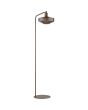 koffiebruine vloerlamp van 150 cm hoog en geribbeld glazen kap met een diameter van 30 cm en kiepschakelaar op de kop