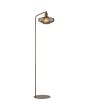 brandende koffiebruine vloerlamp van 150 cm hoog en geribbeld glazen kap met een diameter van 30 cm en kiepschakelaar op de kop