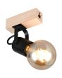 Casalum Lynar spot met houten bevestingsbalkje van 13 cm hoog en zwart metalen fittinghouder met brandende goudkleurige globelamp