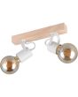 Casalum Lynar plafondspot met houten bevestingsbalk van 31 cm lang en twee wit metalen fittinghouders met goudkleurige globelamp