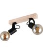 Casalum Lynar plafondspot met houten bevestingsbalk van 31 cm lang en twee zwart metalen fittinghouders met goudkleurige globelamp