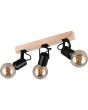 Casalum Lynar plafondspot met houten bevestingsbalk van 42 cm lang en drie zwart metalen fittinghouders met goudkleurige globelamp