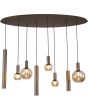 Brandende Searchlight Lyon hanglamp met koffiebruine ovale plafondplaat van 140cm en drie pendels met cilindervormige metalen kappen met GU10 lamp en vijf pendels met amber glazen kappen met E27 fitting