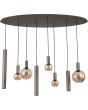 Searchlight Lyon hanglamp met koffiebruine ovale plafondplaat van 140cm en drie pendels met cilindervormige metalen kappen met GU10 lamp en vijf pendels met amber glazen kappen met E27 fitting