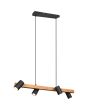 Trio Maerley 312490432 hanglamp met zwarte plafondbalk en houten balk met vier zwarte cilindervormige spots met brandend GU10 lampje
