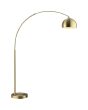 brandende mat messing booglamp van 195 cm hoog en uitschuifbare boog en bolvormig metalen kap van 37 cm in diameter