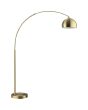 mat messing booglamp van 195 cm hoog en uitschuifbare boog en bolvormig metalen kap van 37 cm in diameter