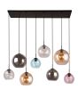 Searchlight Mardi Gras hanglamp van 151cm lang met zwarte brede plafondplaat en acht glazen bolvormige kappen in de kleuren helder roze, blauw, amber en rookglas