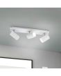 Trio Marley 802400301 sfeerfoto van witte spot met rechthoekige plafondplaat en drie cilindervormig spotjes met GU10 lamp