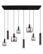 Trio Mataro 364100832 brandende hanglamp met brede zwarte plafondbalk en vijf pendels met verchroomd glazen kappen en drie pendels met zwarte cilindervormige kappen voor GU10 lampen