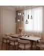Trio Mataro 364100832 sfeerfoto van hanglamp met vijf pendels met verchroomd glazen kappen en drie pendels met zwarte cilindervormige kappen voor GU10 lampen in eeen beige ingerichte eetkamer