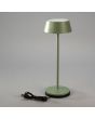 Konstsmide Menton mint groen oplaadbaar tafellampje met mat kunststof bovenzijde en dun schijfvormige kap van 30 cm hoog op een dockingstation