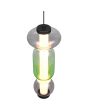 Bovenaanzicht Trio Minerva hanglamp met zwarte plafondplaat en pendel met drie ovale glazen in groen en rookglas boven elkaar met een LED buis in het midden