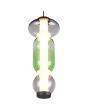 Onderaanzicht Trio Minerva hanglamp met zwarte plafondplaat en pendel met drie ovale glazen in groen en rookglas boven elkaar met een LED buis in het midden