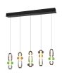 Trio Minerva hanglamp met zwarte plafondbalk en vijf pendels met drie ovale glazen in groen, amber en rookglas boven elkaar met een LED buis in het midden