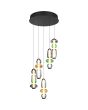 Trio Minerva hanglamp met zwarte plafondplaat van 42cm met vijf pendels met drie ovale glazen in groen, amber en rookglas boven elkaar met een LED buis in het midden
