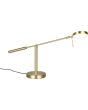 Brandende Trio Monza mat messing bureaulamp met een diepte van 69 cm en een ronde schijfvormige kop met geïntegreerde LED