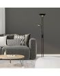 Searchlight Mother EU5430BK sfeerfoto zwarte uplighter met leeslamp met LED onder de uplight in een grijze woonkamer naast een grijze bank met veel kussens