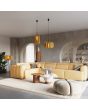 Sfeerfoto van Sollux Mula beige hanglamp met een diameter van 45 cm en voorzien van zestien 25 cm hoge lamellen van vilt in een woonkamer met diverse lampen uit dezelfde serie
