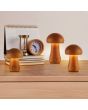 Searchlight Mushroom 34125NA sfeerfoto van set van drie oplaadbare tafellampen van hout in de vorm van een paddenstoel met een touchdimmer naast een kalender, klok en zandloper op een stapel boeken