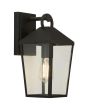 brandende zwarte wandlamp voor buiten van 33 cm hoog met hangende lantaarn met vier transparant glazen ruitjes en filament edisonlamp