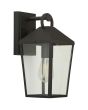 zwarte wandlamp voor buiten van 33 cm hoog met hangende lantaarn met vier transparant glazen ruitjes en filament edisonlamp