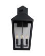 zwarte buitenwandlamp van 55 cm hoog met hangende lantaarn met vier transparant glazen ruitjes en drie fittingen met filament kaarslampjes