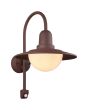 Trio Norman 207269124 brandende roestbruine wandlamp voor buiten met hangende kap en wit halfronde glazen bol en bewegingsmelder