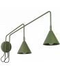 olijfgroen metalen wandlamp met twee zwenkarmen van respectievelijk 61 en 80 cm met beide en kantelbaar metalen kapje