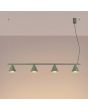 brandende olijfgroen langwerpige metalen hanglamp van 122 cm lang met vier kegelvormige kapjes aan een stang