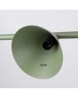binnenzijde kapje met e14 fitting van de olijfgroen langwerpige metalen hanglamp van 122 cm lang met vier kegelvormige kapjes aan een stang