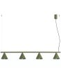 olijfgroen langwerpige metalen hanglamp van 122 cm lang met vier kegelvormige kapjes aan een stang
