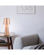 Trio Nubian 562900165 sfeerfoto van koffie bruine metalen tafellamp met koffie bruine metalen kap en wit kunststof diffuser voor licht richting de tafel op een tafeltje naast een grijze bank