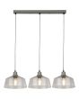 Searchlight Odeon 60999-3CL brandende hanglamp met grijze plafondbalk en drie pendels met elk een kap van helder glas