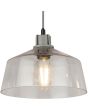 Searchlight Odeon 60999-3CL detailfoto van een kap van de hanglamp met grijze plafondbalk en drie pendels met elk een kap van helder glas