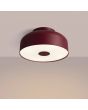 brandende bordeauxrood kleurige metalen plafonnière van 30 cm in diameter met wit kunststof blender